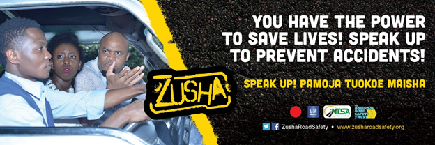 banner da campanha Zusha onde aparecem duas pessoas falando com o motorista de um veículo e está escrito "you have the power to save lives! Speak up to prevent accidents!" (Você tem o poder de salvar vidas! Fale para evitar acidentes!)
