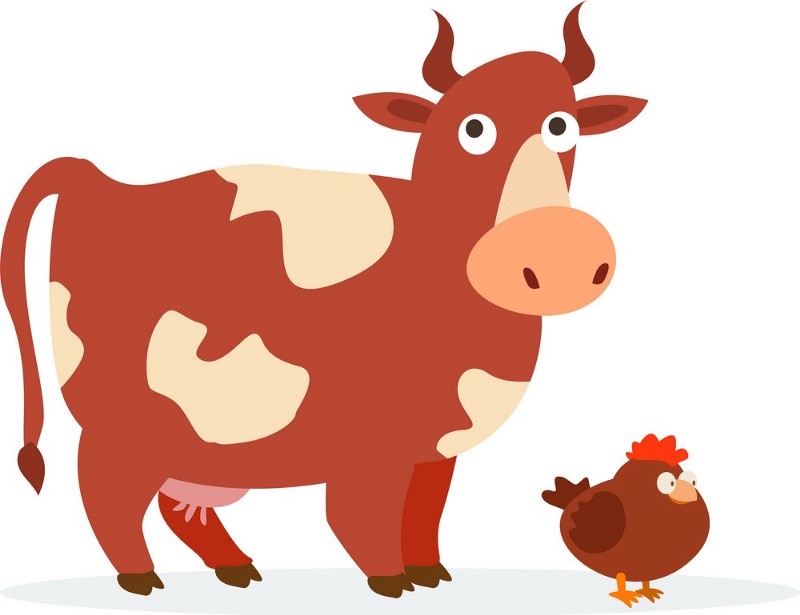 ilustração de uma vaca e uma galinha