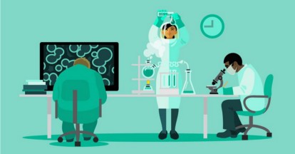 ilustração de três pessoas trabalhando em um laboratório