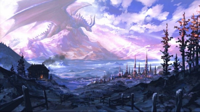 Ilustração de um dragão em uma montanha ao fundo e uma cidade à frente