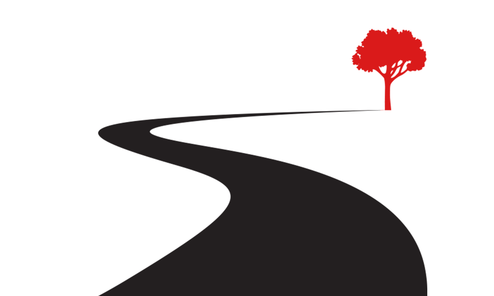 ilustração de uma estrada levando a uma arvore vermelha distante