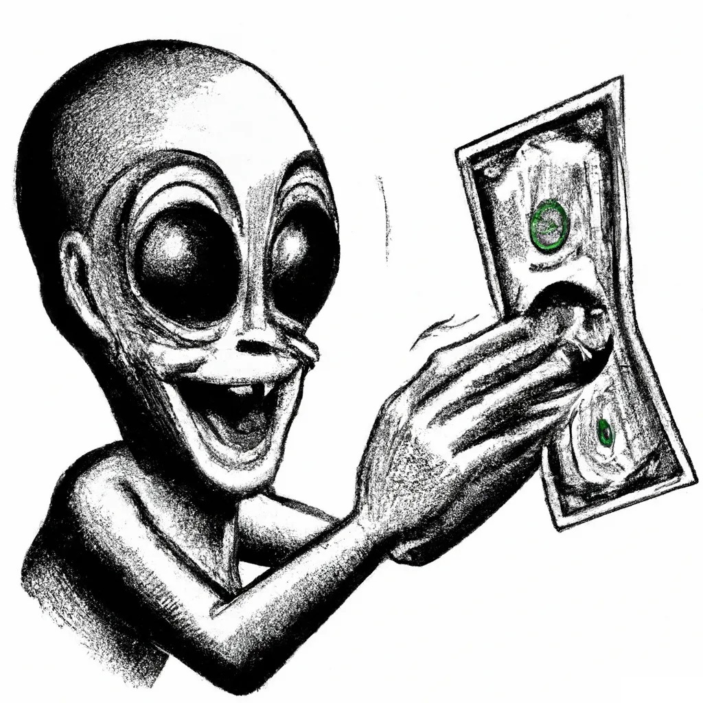 Ilustração preto e branco de um alienígena ou marciano, de olhos muito grandes, sorridente e segurando uma nota de dólar. A imagem foi gerada pelo DALL-E 2, uma Inteligência Artificial